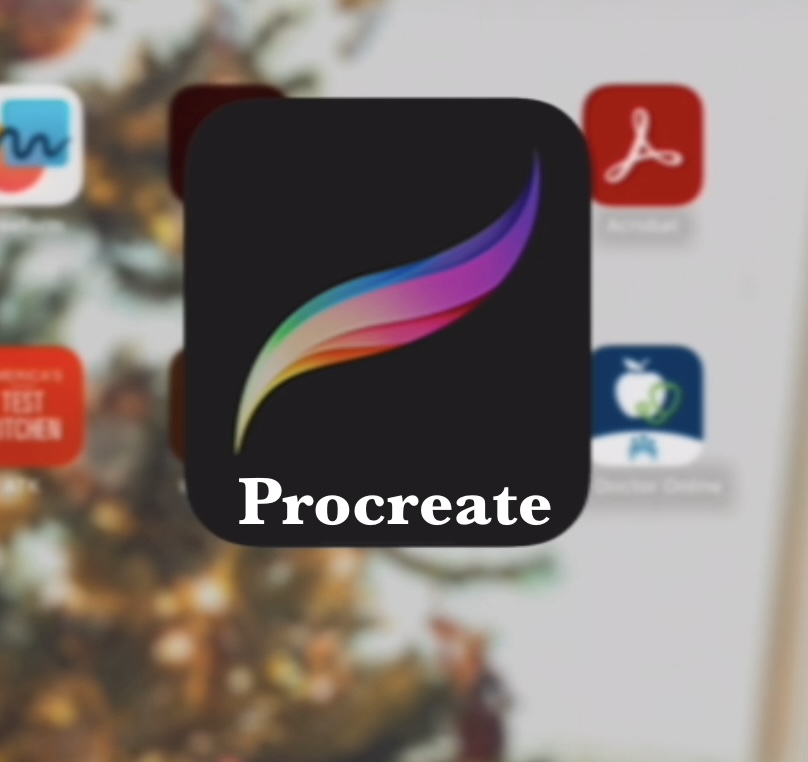 A black icon is pictured against the fuzzy backdrop of an Ipad screen. The black icon has a varied color swoosh from lower left to right. The text "Procreate" has been superimposed on top of it.