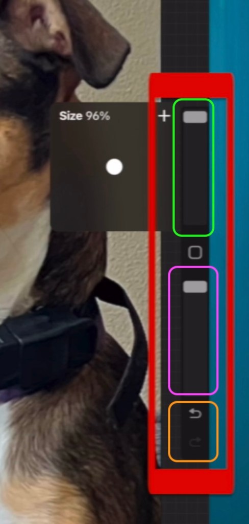 A screen shot captures a slider along the side of a Procreate file picturing part of a dog. The slider is outlined in red. A green box encases the size slider, a purple box the opacity slider, and an orange box shows the undo button (and the redo button grayed out below). The size slider indicates a setting of 96%.