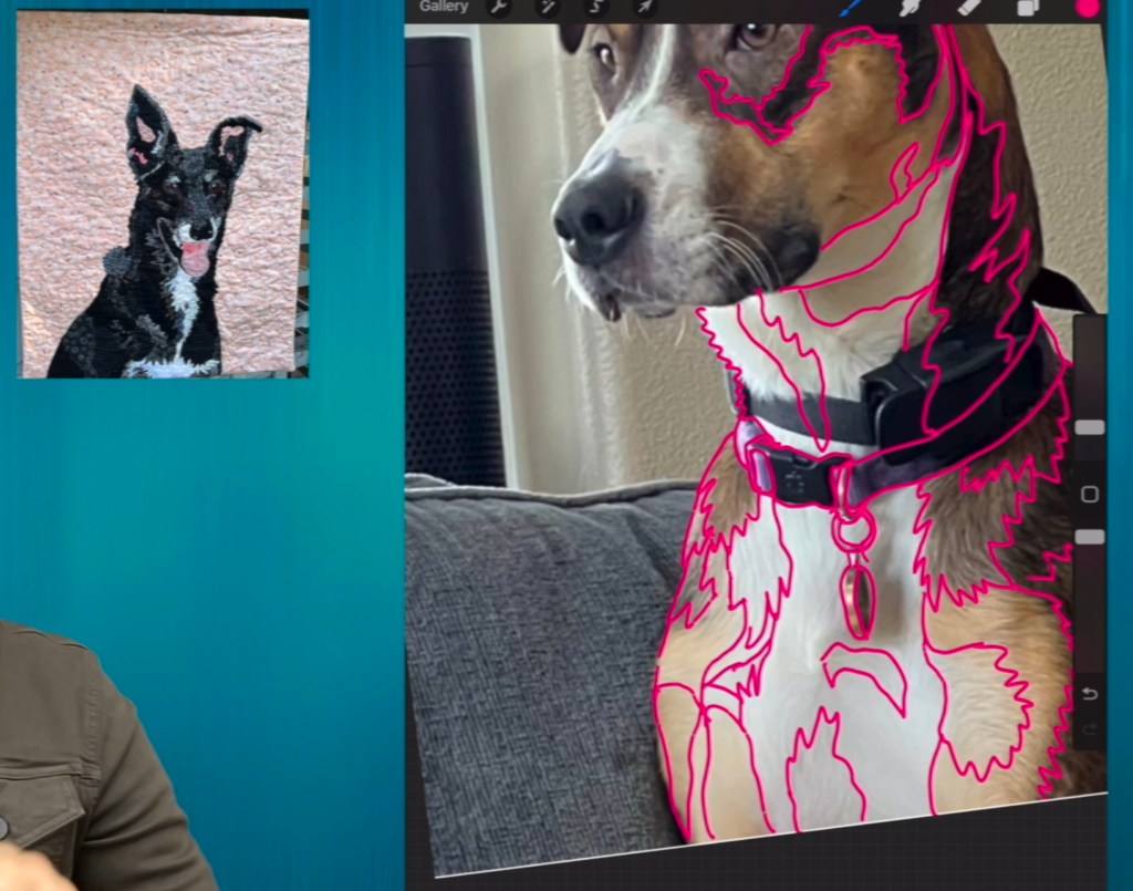 On the left is a small image of a fabric collage showing a mostly black dog (with white markings, a pink tongue, and peach ears) against a peach background fabric. On the left is a larger image of a Procreate screenshot showing a dog with outlines indicating shades of white on its chest fur and shades of gray, tan, and black on other parts of it's body.