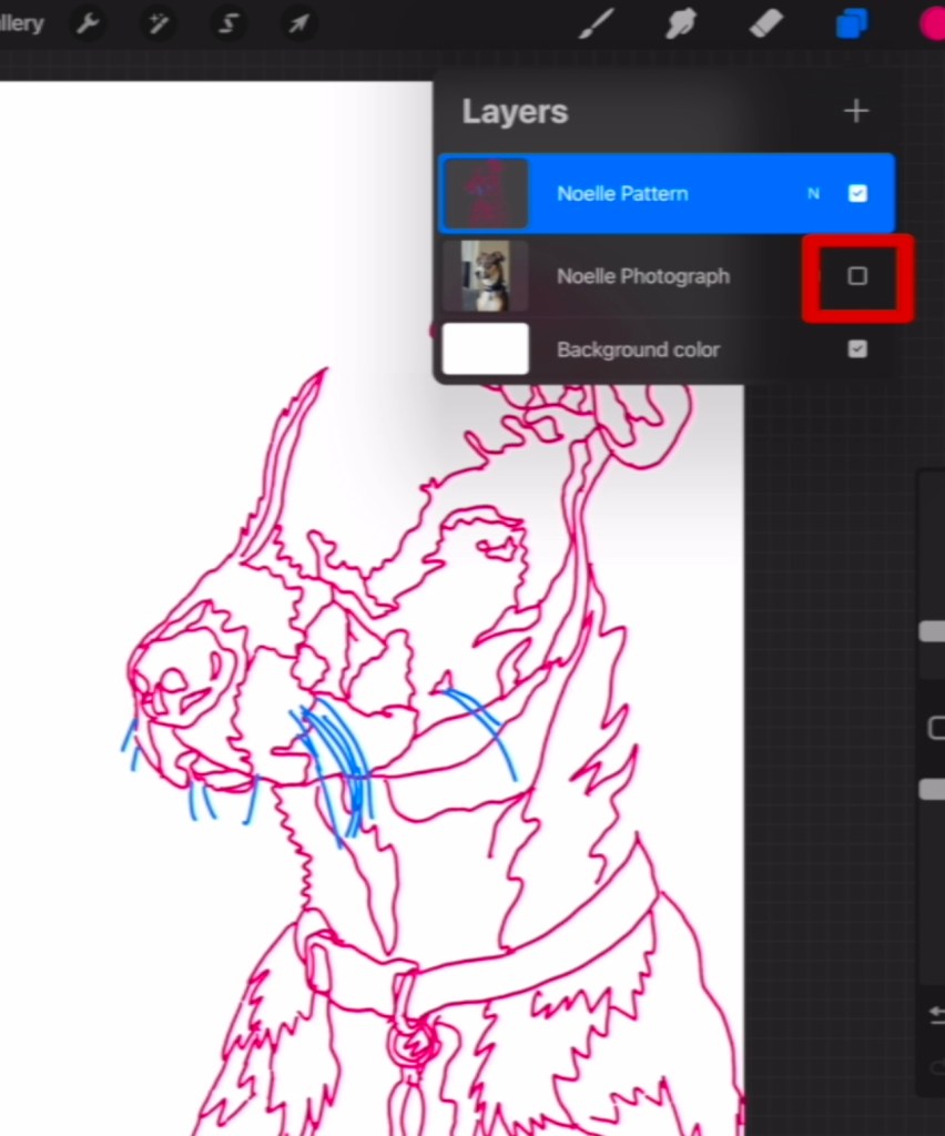 Outlines of a most of a dog are shown. The far right edge of the neck and head are missing, and the top left section of the head is missing. The Procreate Layers menu is shown with the photograph layer unchecked.