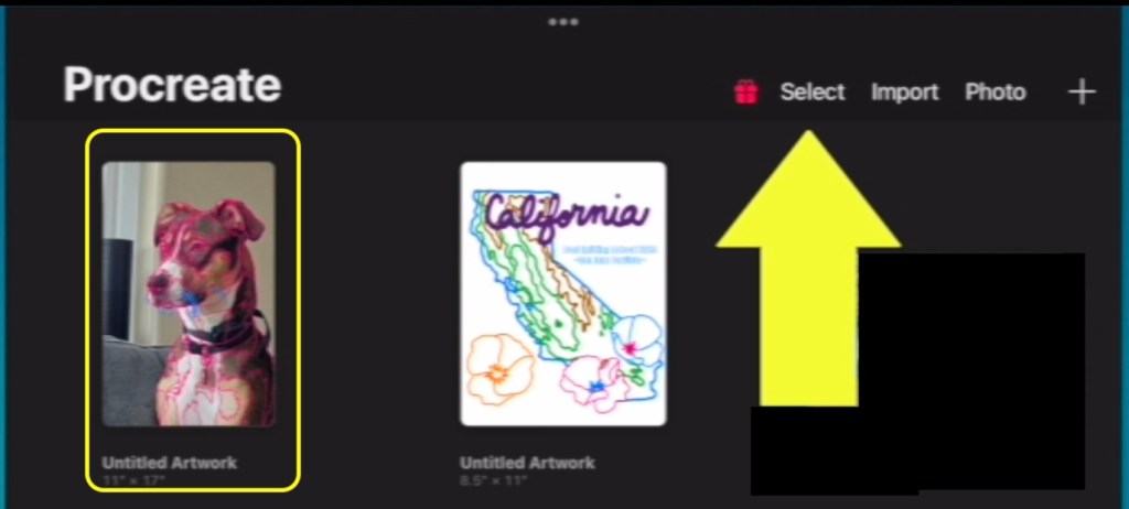A black background has the large letters "Procreate" across the top. An image of a dog is highlighted with a yellow square. There's a topographical map of California in the center. On the right, a large yellow area points to the top menu bar item "Select".