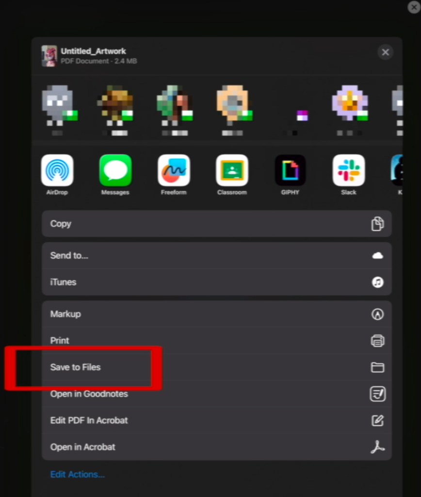 An iPad share menu shows blurred out text contacts across the top and a row of app icons below it. Below is a list of menu items with "save to files" highlighted with a red box.