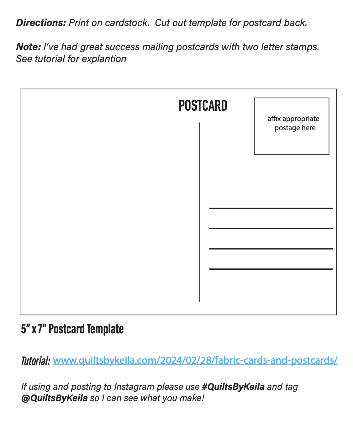 This is a screenshot of a 5"x7" Postcard Template available on the pattern section of my website. A printable template is pictured for the back of a postcard (the part where you would write a message).